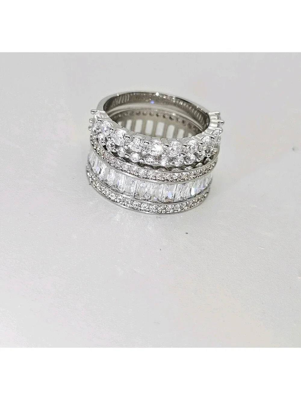 Lot of 2 CZ Stackable Rings Size 7.5 Rhodium Silver Pave Baguette Eternity Bands